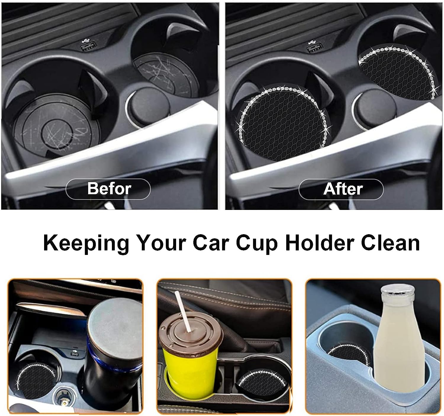 2PCS Bling Car Cup Coaster, 2.75 Inch Auto Car Cup Holder Insert Coasters Silicone Anti-Slip Crystal Rhinestone Drink Car Cup Mat, Universal Vehicle Interior Accessories for Women Girls (Black)