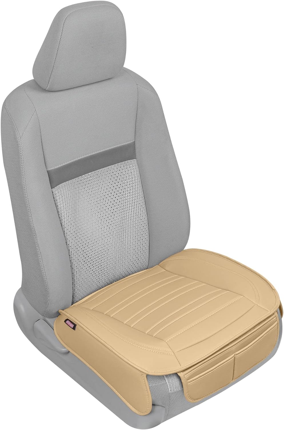 Motor Trend Beige Faux Leather Car Seat Cover for Front Seats, 1-Piece Padded Seat Protector with Storage Pockets, Premium Interior Cover for Cars Truck SUV Auto
