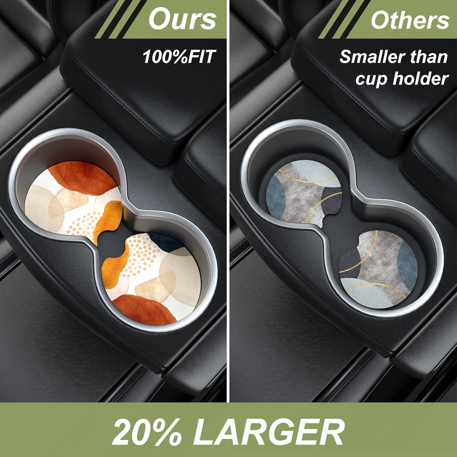 Nipichsha Car Cup Holder Coasters, Car Coasters for Cup Holders, 2 Pack Anti Slip Insert Coasters, Rubber Car Cup Mat with A Finger Notch, Cute Car Interior Accessories for Women (Simple Abstract Art)