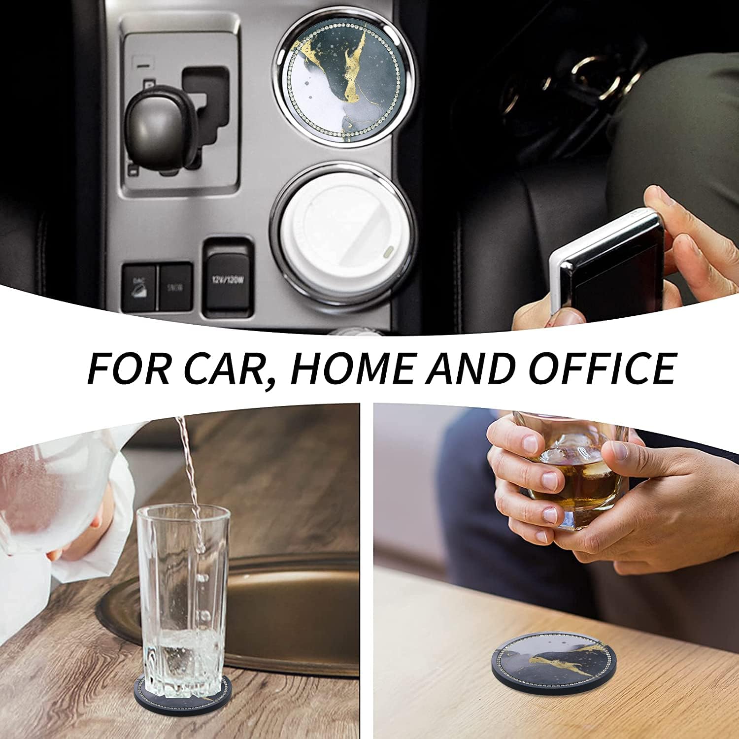 2.75" Bling Car Cup Coaster, Car Cup Holder Insert Coasters Silicone Anti-Slip Crystal Rhinestone Drink Car Cup Mat, Universal Vehicle Interior Accessories for Women Girls (2PCS Black Marble)