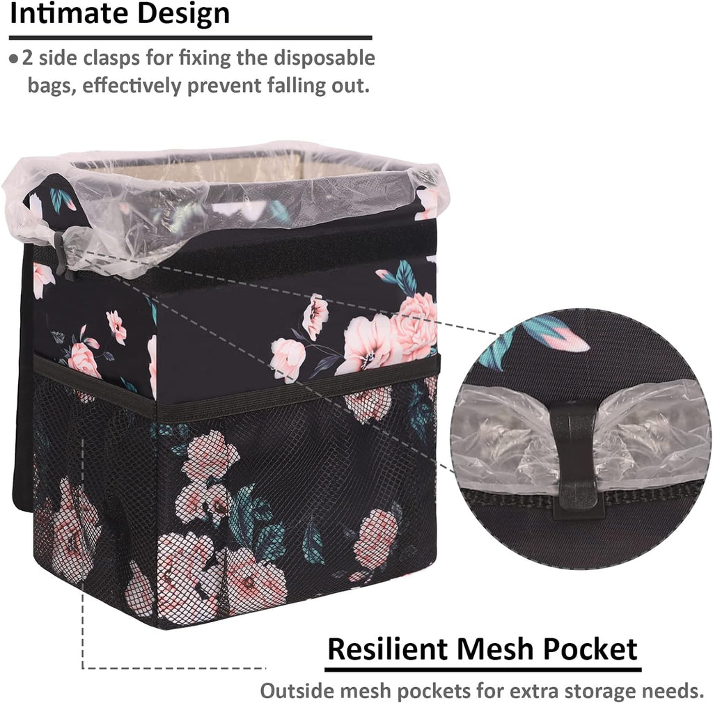 Vankor Car Trash Can for Car Cute, Car Trash Bag Bin Hanging Waterproof Automotive Car Garbage Cans Leak Proof Vehicle Trash Can Black Floral