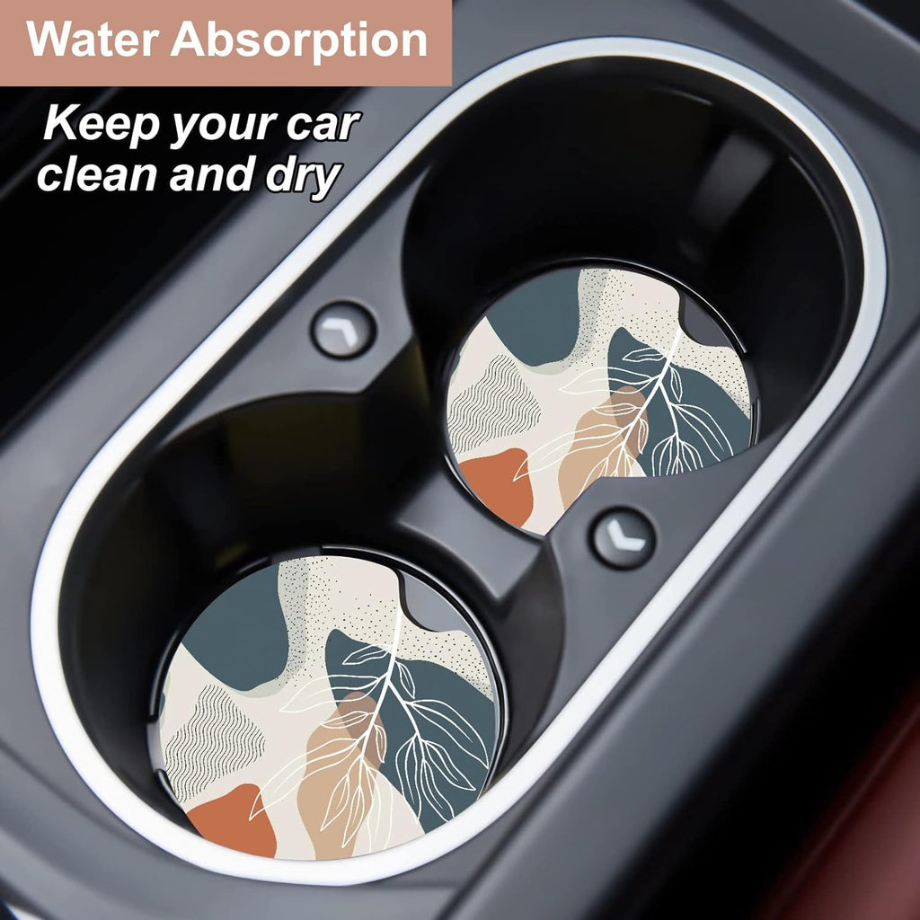 Oppsviust Car Cup Holder Coaster, Car Coasters for Cup Holders, 2PCS Universal Anti Slip Car Assecories, 2.75in Cute Car Coaster with A Finger Notch, Rubber Car Cup Mat for Women Wen(Abstract Leaf 01)