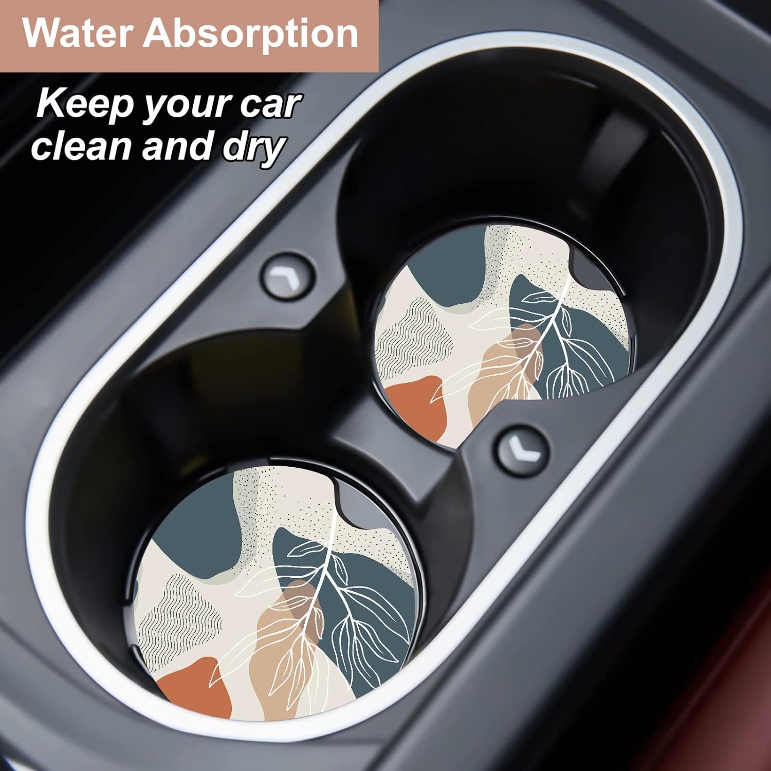 Oppsviust Car Cup Holder Coaster, Car Coasters for Cup Holders, 2PCS Universal Anti Slip Car Assecories, 2.75in Cute Car Coaster with A Finger Notch, Rubber Car Cup Mat for Women Wen(Abstract Leaf 01)