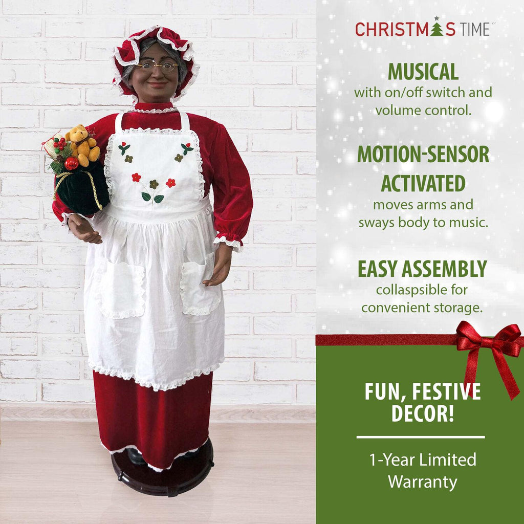 Christmas Time 58-In. African American Dancing Mrs. Claus with Apron and Gift Sack | Animated Indoor Christmas Holiday Home Decor | CT-AMC058-2RD1-AA