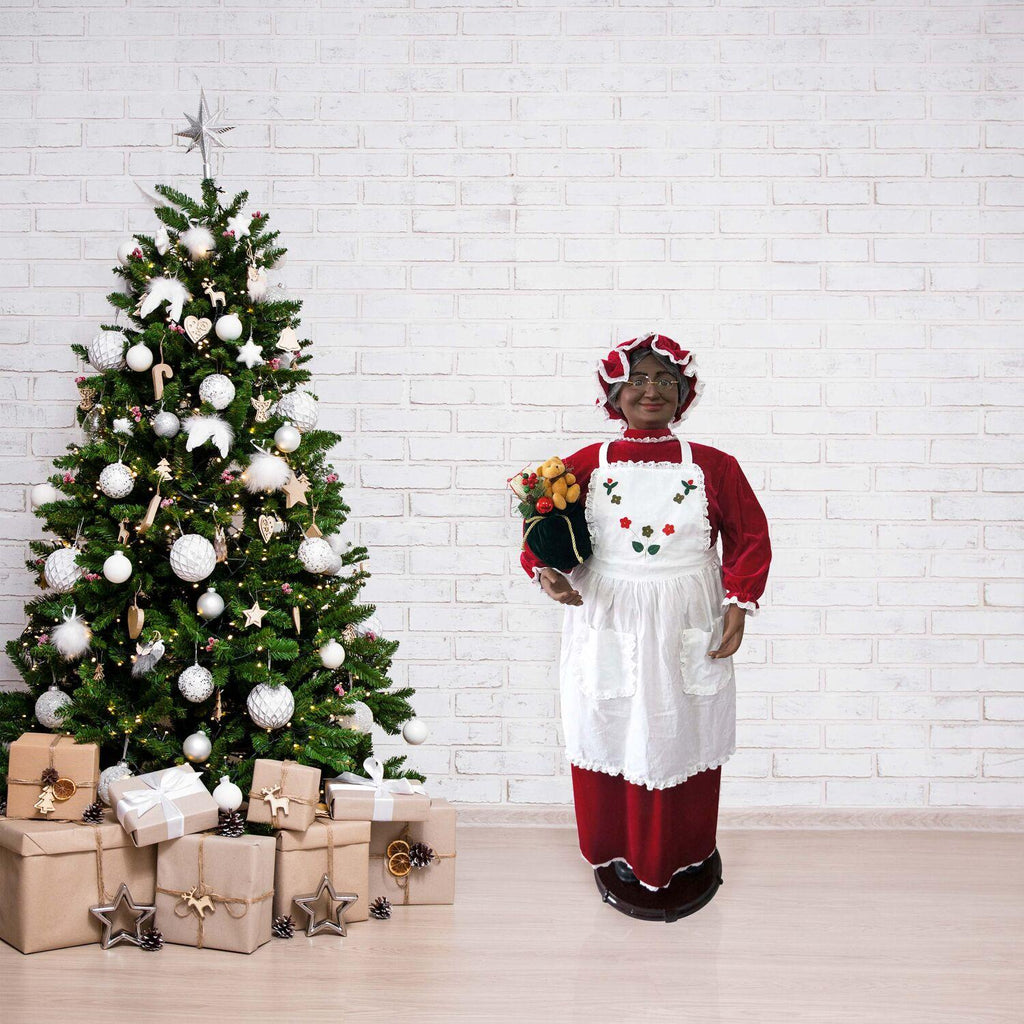Christmas Time 58-In. African American Dancing Mrs. Claus with Apron and Gift Sack | Animated Indoor Christmas Holiday Home Decor | CT-AMC058-2RD1-AA