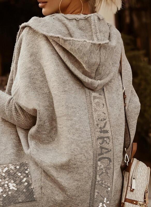 Hooded Casual Long Cardigan With Sequin Pockets