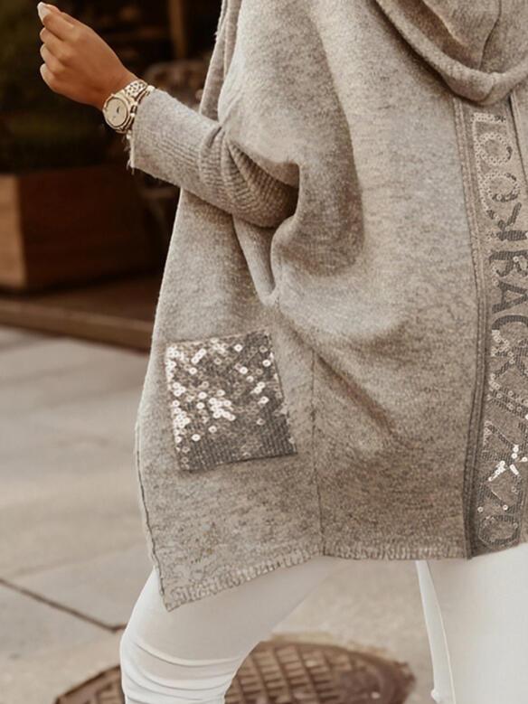Hooded Casual Long Cardigan With Sequin Pockets