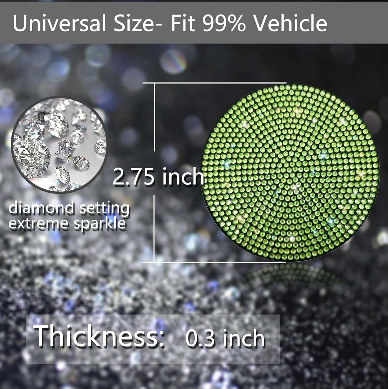 2pcs Bling Car Cup Holder Coaster, 2.75 inch Anti-Slip Shockproof Universal Fashion Vehicle Car Coasters Insert Bling Rhinestone Auto Automotive Interior Accessories for Women (2 pcs, Light Green)