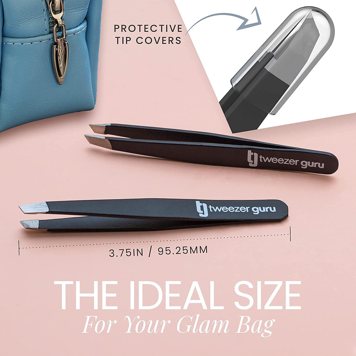Tweezer Guru Tweezers for Women - 2pc Slant Pointed Precision Tweezers for Eyebrows &amp; Ingrown Hair Removal - Blackhead and Splinter Tweezer with Sharp Needle Nose Point for Plucking (Sky Blue)
