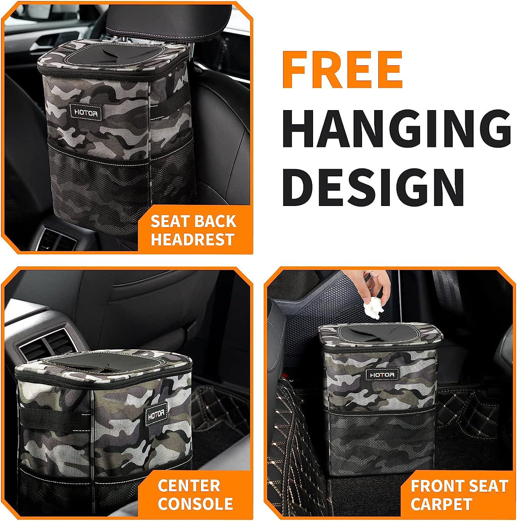 HOTOR Car Trash Can, Multifunctional Car Accessory for Interior Car Stuff Storage with Compact Design, Waterproof Car Organizer and Storage with Adjustable Straps, Magnetic Snaps (Camouflage Grey)