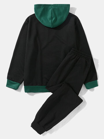 mens two tone stitching hoodie casual two pieces outfits with sweatpants