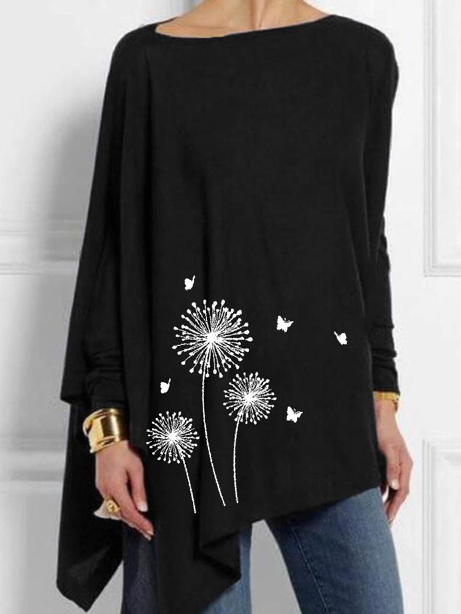 Round Neck Print Casual Loose Fitting Long Sleeve T-Shirt