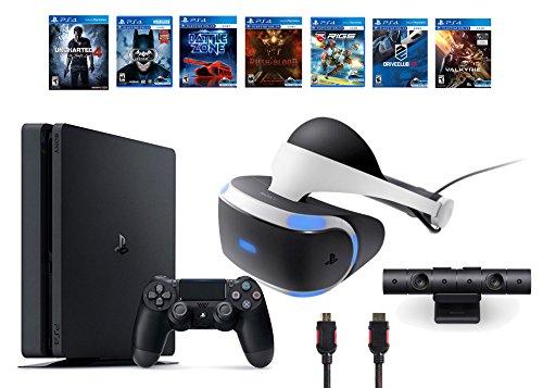 PlayStation VR Bundle 9 Items:VR Headset,Playstation Camera,PS4 Slim- Uncharted 4,6 VR Game Disc Until Dawn:Rush of Blood, EVE:Valkyrie,Battlezone,Batman:Arkham VR, DriveClub,Battlezone