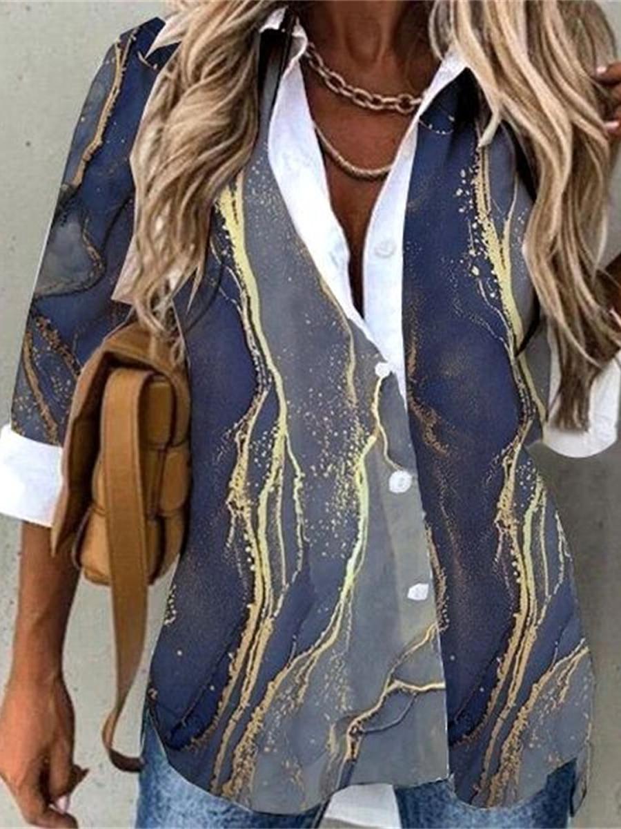 Casual Fashion Marble Print Lapel Long Sleeve Shirt