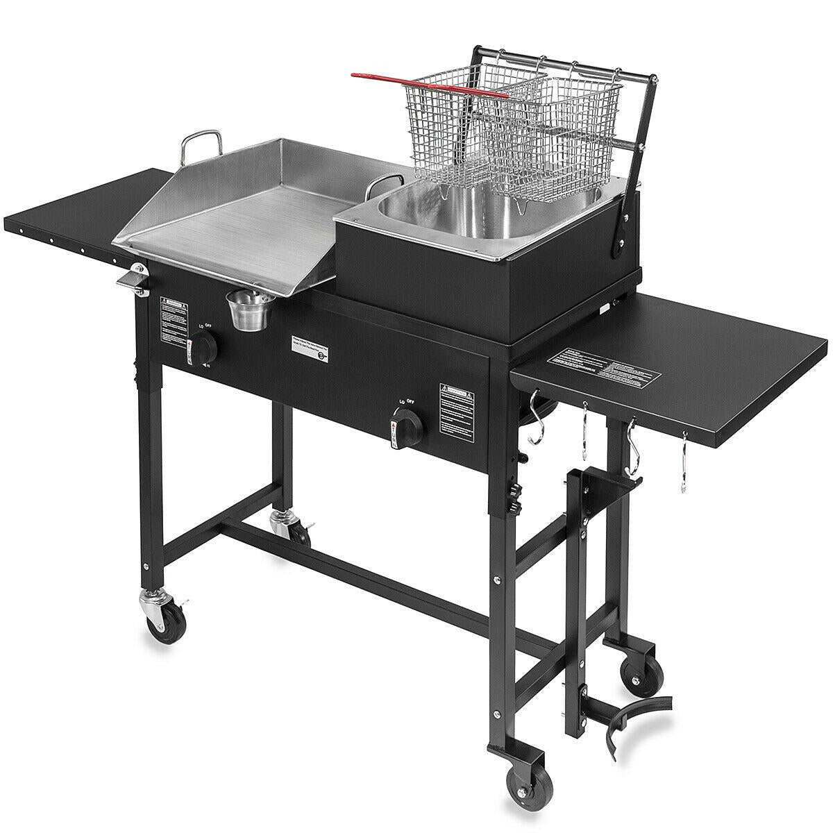 Outdoor Gas Propane Double Burner Station with Flat Top Griddle and Deep Fryer