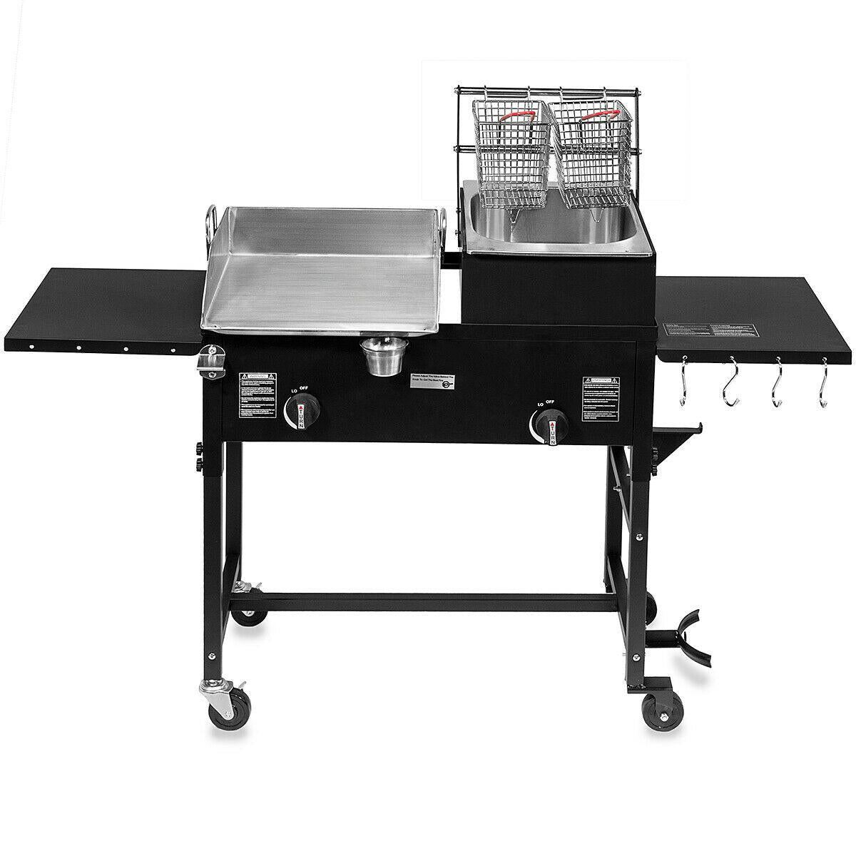 Outdoor Gas Propane Double Burner Station with Flat Top Griddle and Deep Fryer