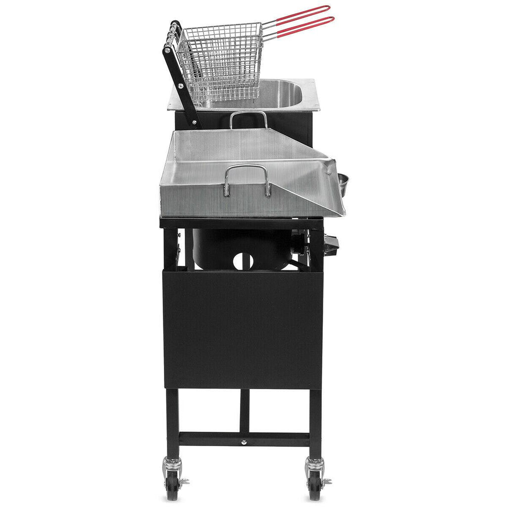 Outdoor Gas Propane Double Burner Station with Flat Top Griddle and Deep Fryer