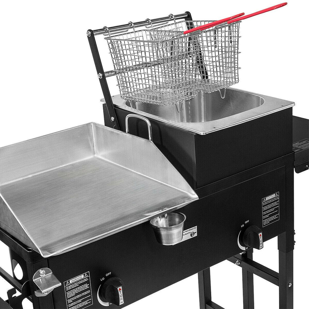 Outdoor Gas Propane Double Burner Station with Flat Top Griddle and Deep Fryer