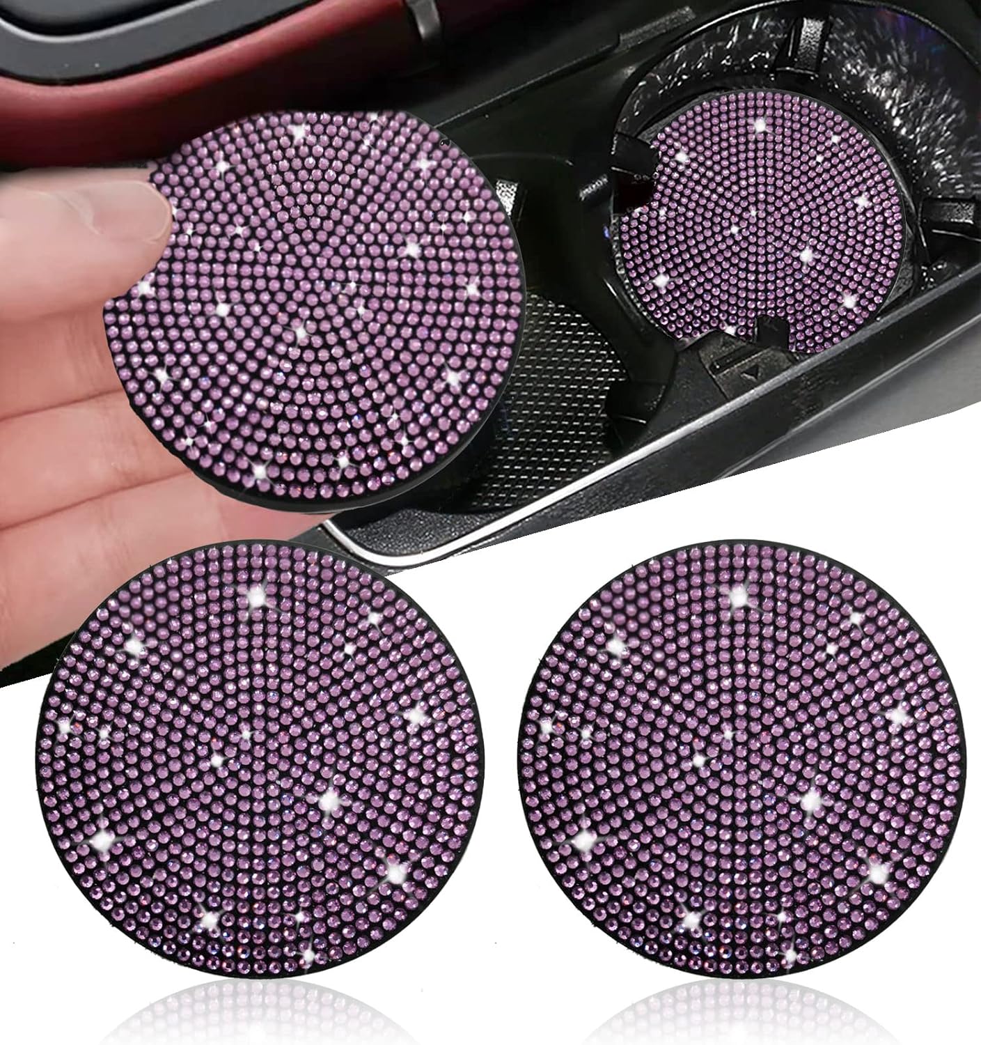 2pcs Bling Car Cup Holder Coaster, 2.75 inch Anti-Slip Shockproof Universal Fashion Vehicle Car Coasters Insert Bling Rhinestone Auto Automotive Interior Accessories for Women (2 pcs, Light Purple)