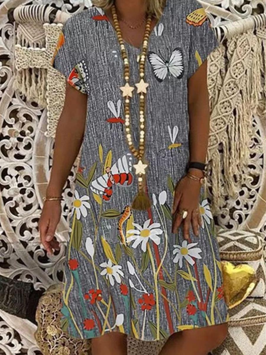 Ladies V-neck Print Fashion Casual Shift Dress