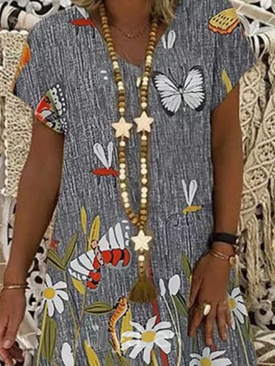 Ladies V-neck Print Fashion Casual Shift Dress
