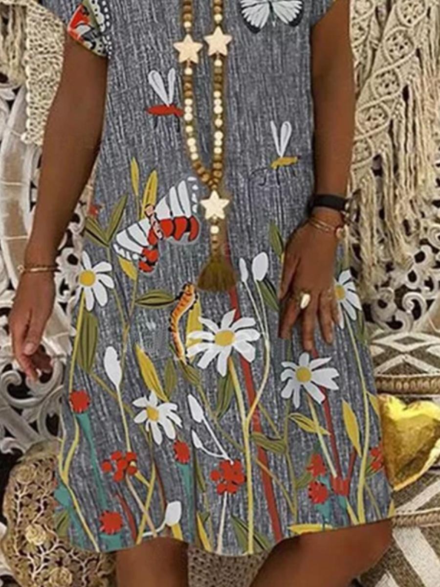Ladies V-neck Print Fashion Casual Shift Dress