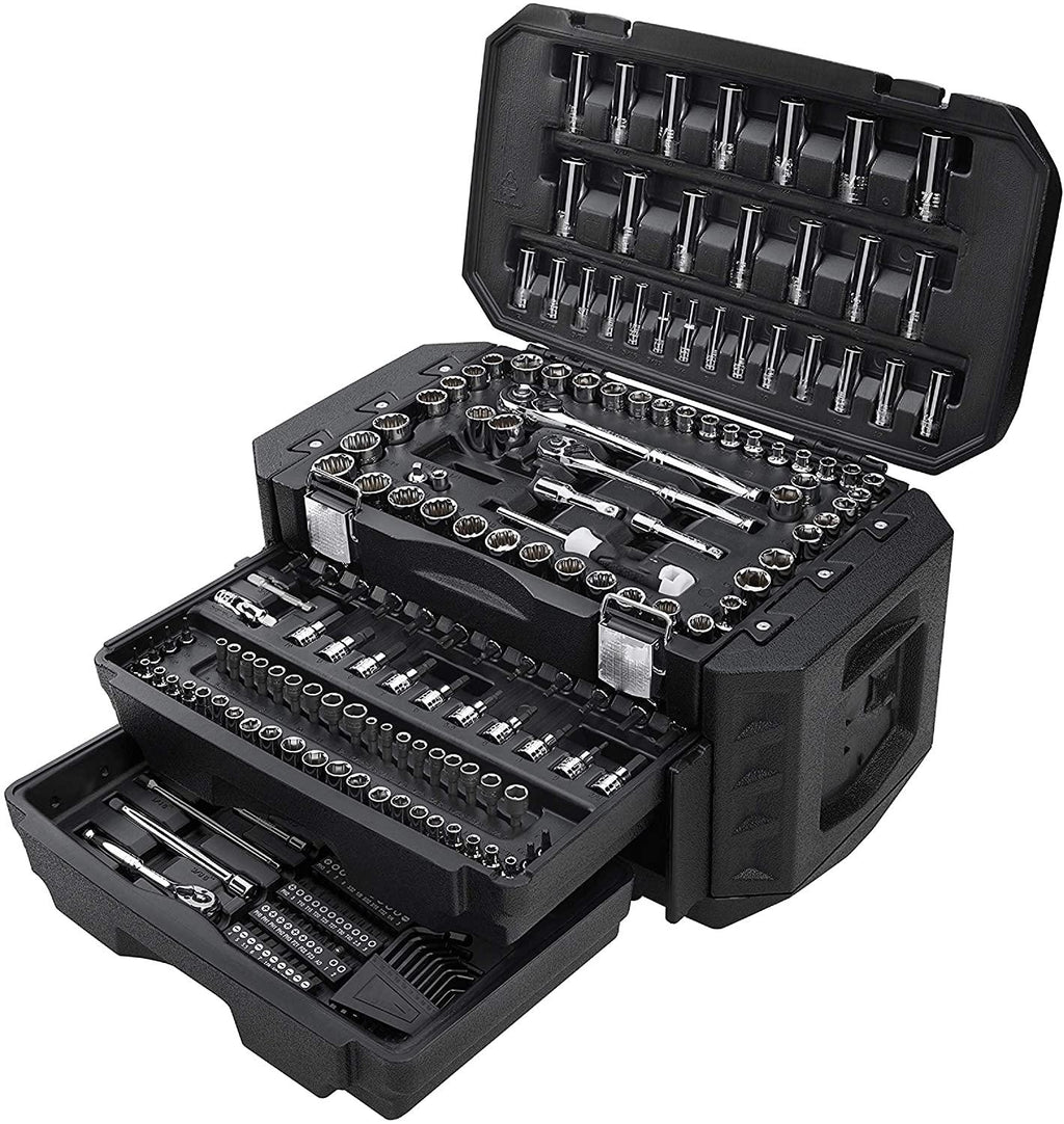Multiple Drive 215-Piece Mechanics Tool Set SAE Metric-sized Sockets Drive Gift for Dad DIYers Homeowner Chrome Finish Steel Construction Handy Black StoraCase with Drawers Portable