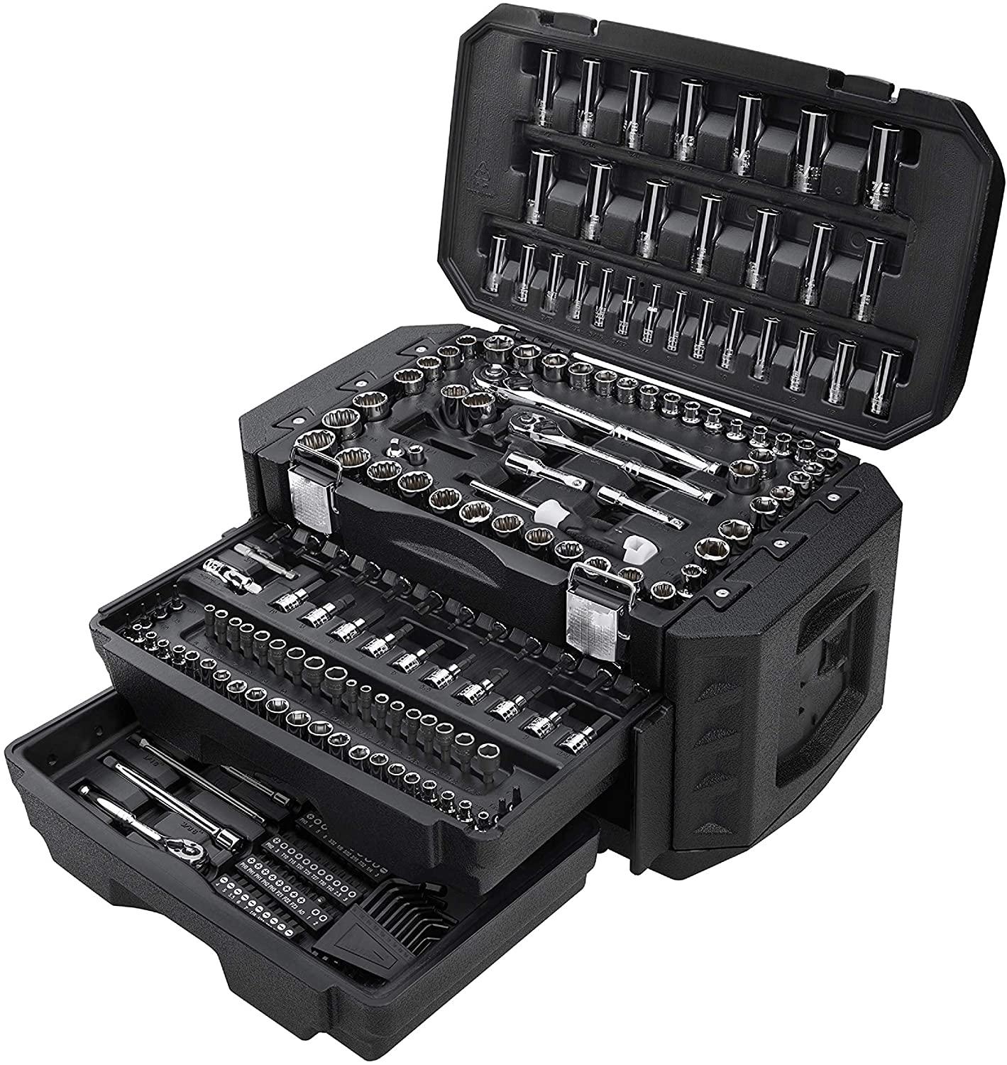 Multiple Drive 215-Piece Mechanics Tool Set SAE Metric-sized Sockets Drive Gift for Dad DIYers Homeowner Chrome Finish Steel Construction Handy Black StoraCase with Drawers Portable