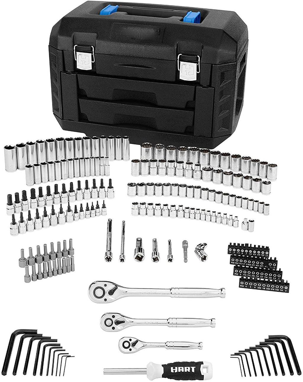 Multiple Drive 215-Piece Mechanics Tool Set SAE Metric-sized Sockets Drive Gift for Dad DIYers Homeowner Chrome Finish Steel Construction Handy Black StoraCase with Drawers Portable