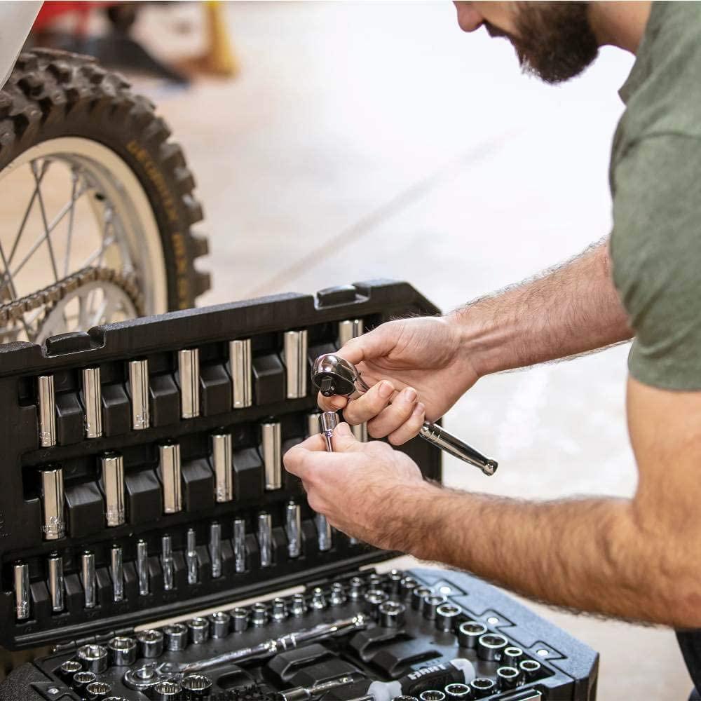 Multiple Drive 215-Piece Mechanics Tool Set SAE Metric-sized Sockets Drive Gift for Dad DIYers Homeowner Chrome Finish Steel Construction Handy Black StoraCase with Drawers Portable