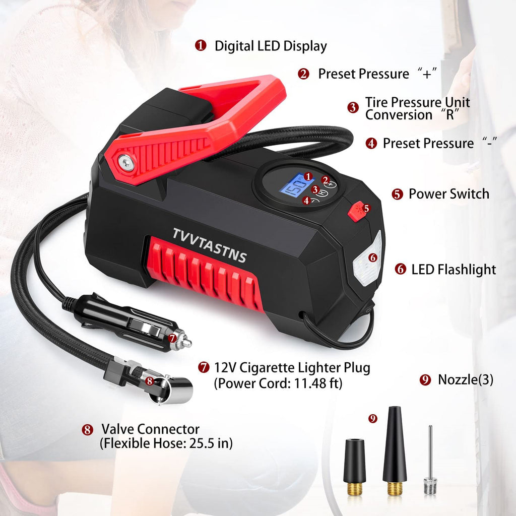 Air Compressor Tire Inflator Portable Air Pump For Car Tires 12V DC Auto Tire Pump With Digital Pressure Gauge, For Car, Bicycle