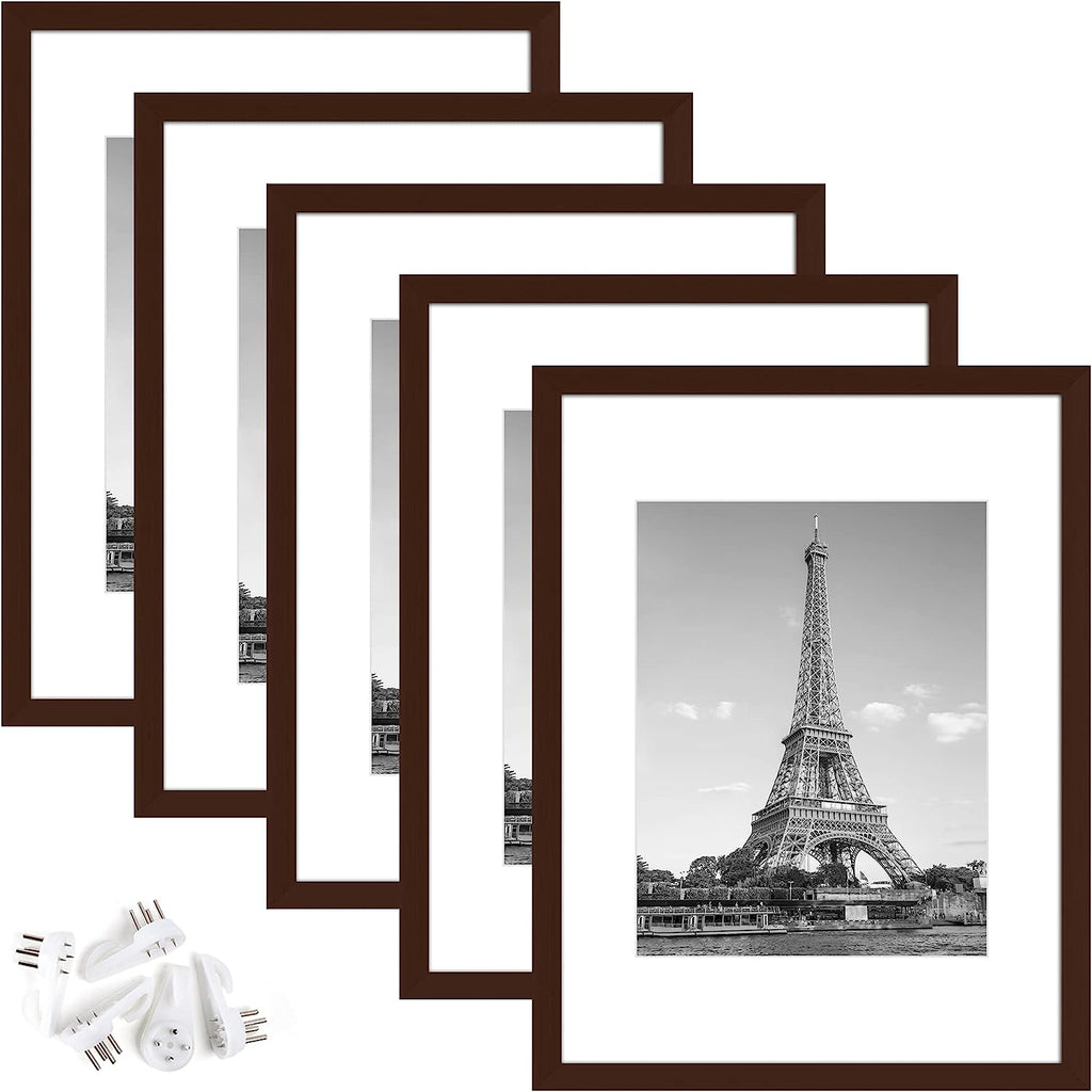 upsimples 12x16 Picture Frame Set of 5, Display Pictures 8.5x11 with Mat or 12x16 Without Mat, Wall Gallery Photo Frames, Brown