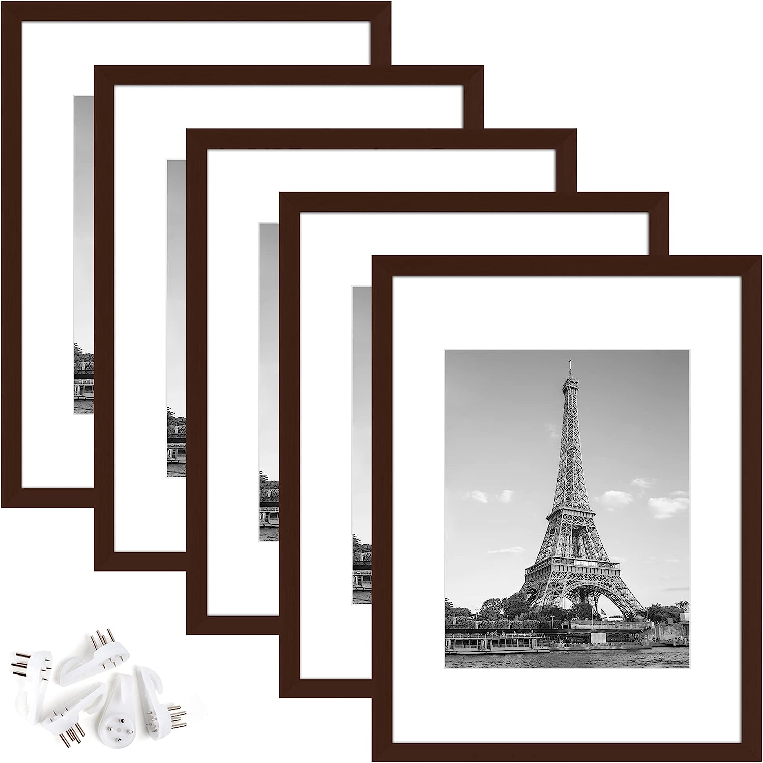 upsimples 12x16 Picture Frame Set of 5, Display Pictures 8.5x11 with Mat or 12x16 Without Mat, Wall Gallery Photo Frames, Brown