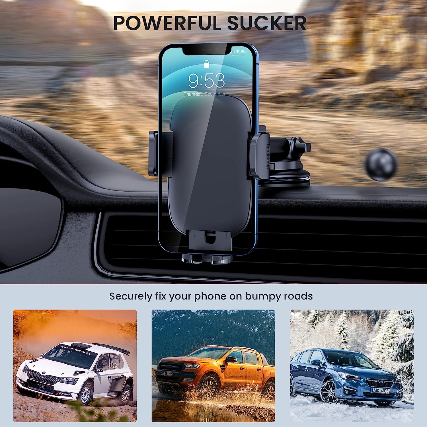 Car Phone Holder Mount [Military-Grade Suction &amp; Stable Hook] Phone Mount for Car Windshield Dashboard Air Vent Universal Hands-Free Automobile Mounts Cell Phone Holder Fit for iPhone Smartphones