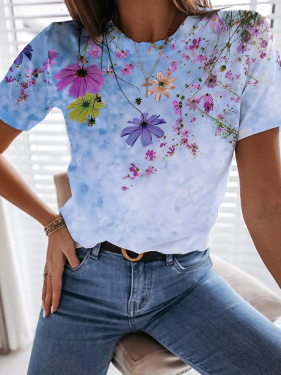 Women Casual Flower Print Short-Sleeved T-Shirt