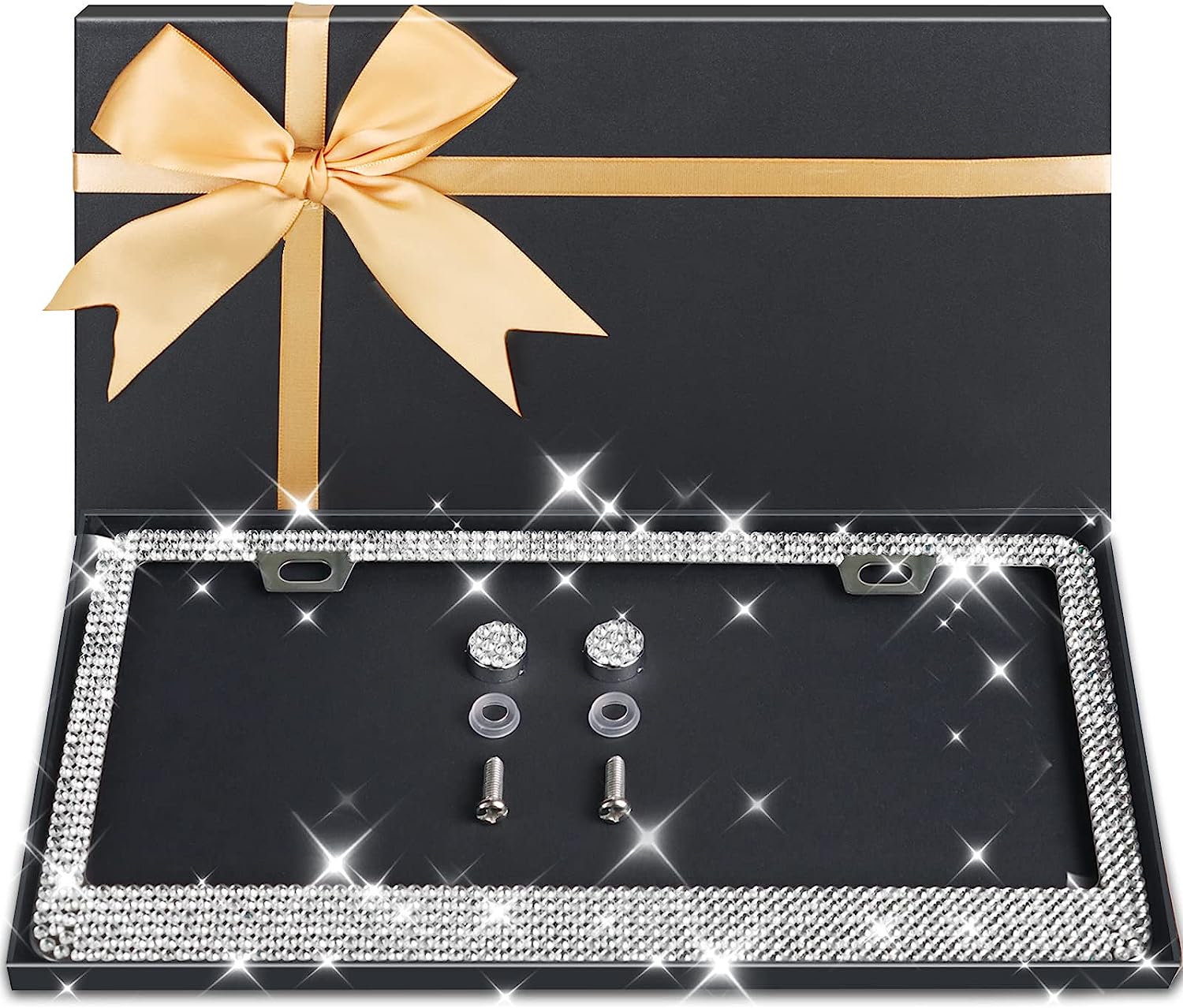 AUJEN Bling License Plate Frame - Sparkly License Plate Holder, Lastingly Diamond License Plate Frame for Women, Stainless Steel &amp; Obstruction-Free Car Accessory with Multifaceted Rhinestones