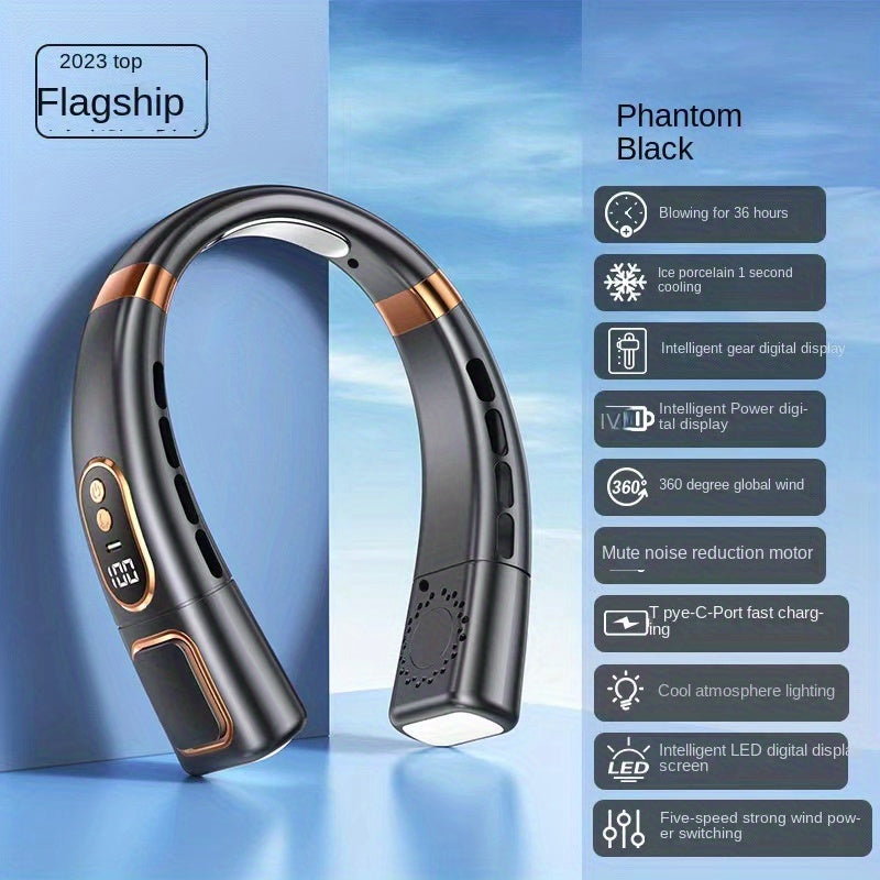 Portable Hanging Neck Fan USB Handheld Silent Small Electric Fan Multi-functional Leafless Mini With Lighting LED Digital Display