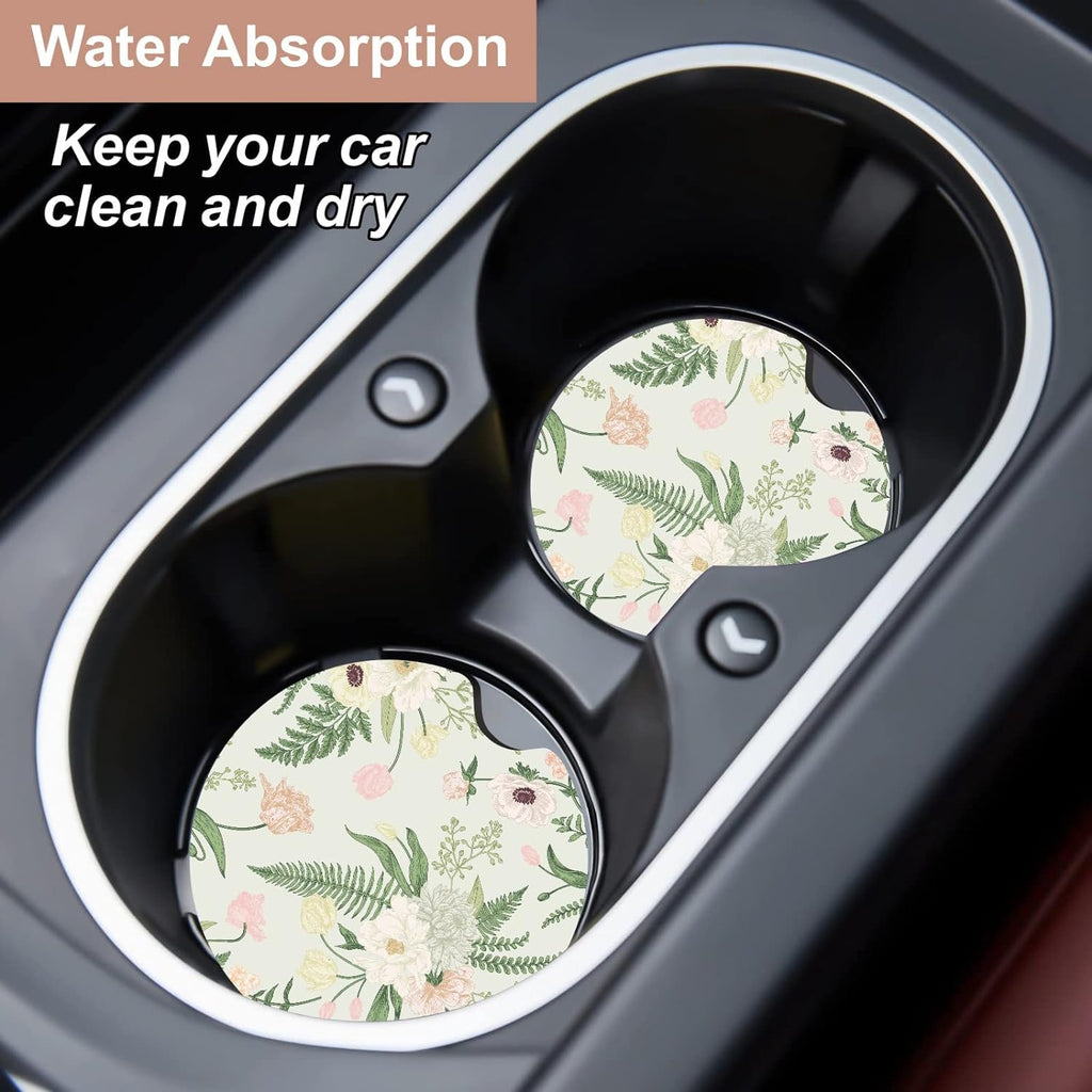 Oppsviust Car Cup Holder Coaster, Car Coasters for Cup Holders, 2PCS Universal Anti Slip Car Assecories, 2.75 inch Cute Car Coasters with A Finger Notch, Rubber Car Cup Mat for Women Wen(White Peony)