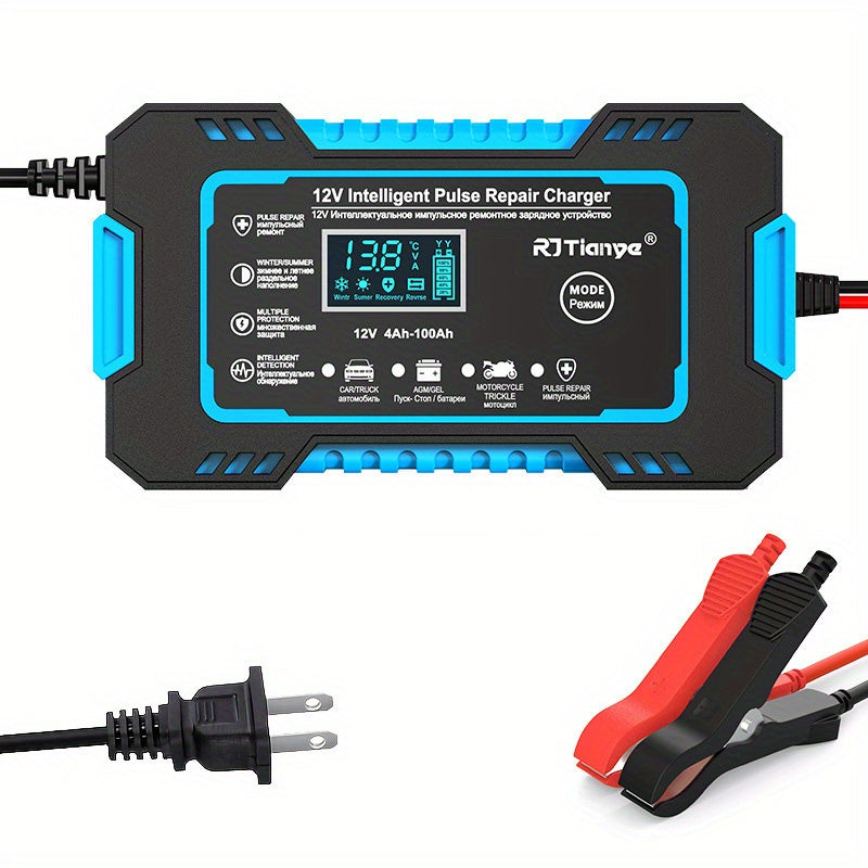 Full Car Motorcycle Battery Charger 12V 6A Auto Pulse Repair LCD Display Smart Fast CharAGM Deep Cycle GEL Lead-Acid Charger