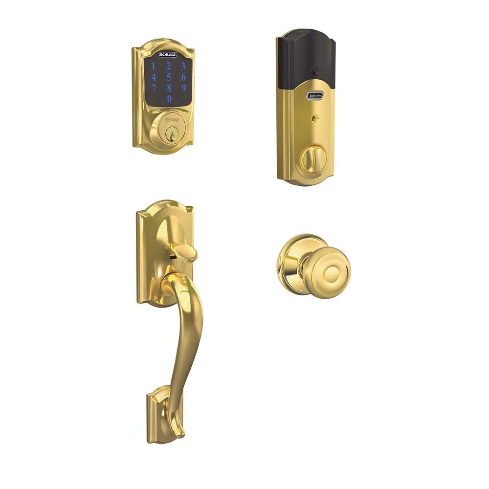 Camelot Bright Brass Connect Smart Lock with Alarm and Georgian Door Knob Handleset