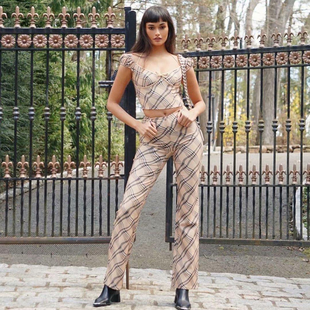 vintage plaid printed loose trousers