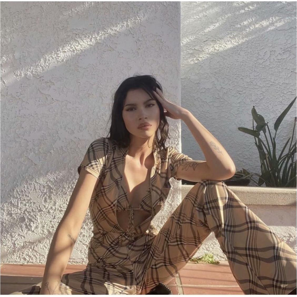vintage plaid printed loose trousers