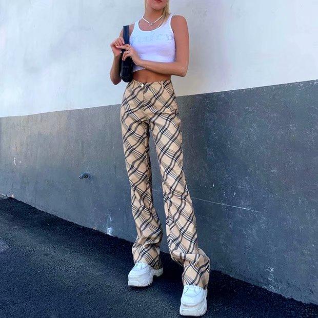 vintage plaid printed loose trousers