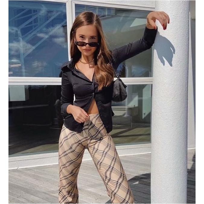 vintage plaid printed loose trousers