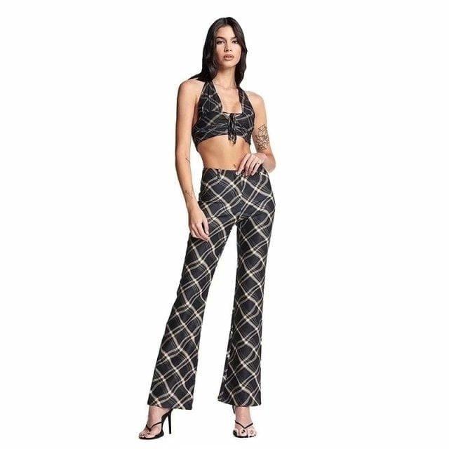 vintage plaid printed loose trousers