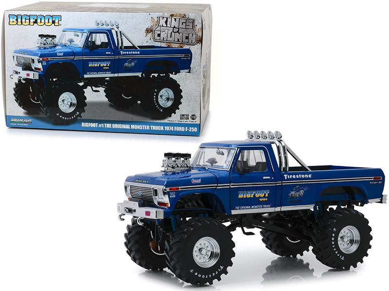 1974 Ford F-250 Bigfoot #1 The Original Monster Truck Blue with 48-Inch Tires 1/18 Diecast Model Car by Greenlight