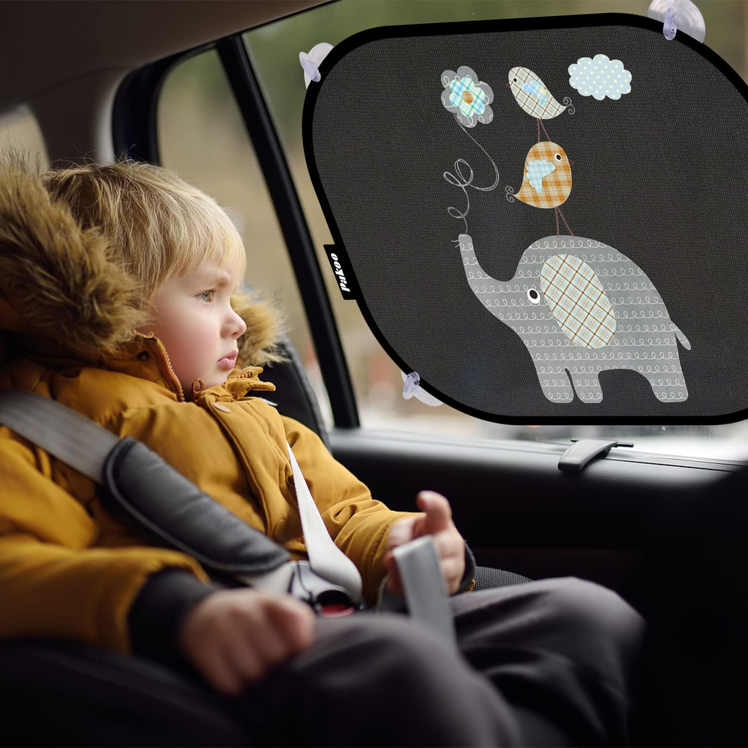 Pakoo Car Sun Shade Baby with UV Protection, Car Window Sun Shade for Children with Cute Animal Motifs, 2 Pack - 17.7 x 14 inches