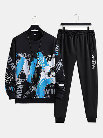 mens letter brush stroke print crew neck street two pieces outfits
