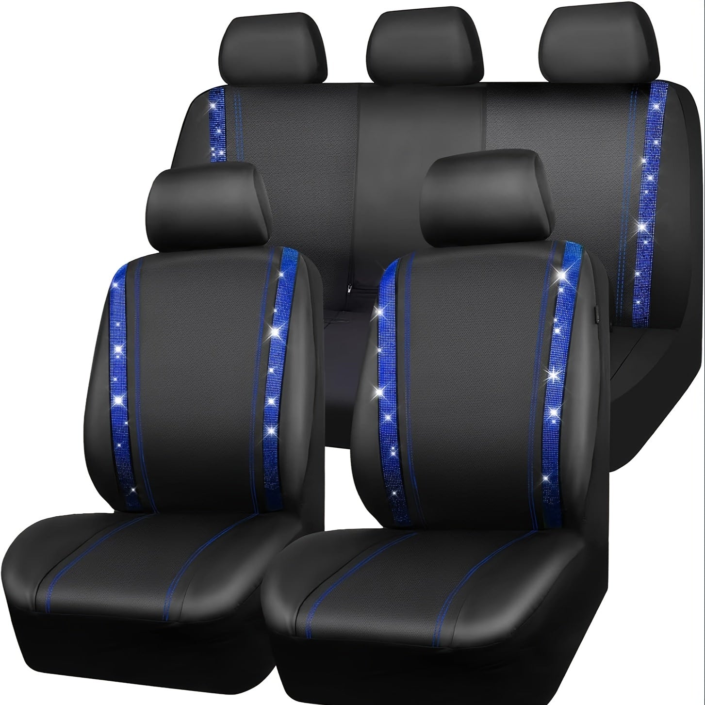 Bling Car Seat Covers Full Set, Shining Rhinestone Waterproof Leather Seat Covers For Women,Universal Fit 95% Automotive, Silver Artificial Diamond