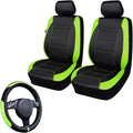 Flying Banner car seat Covers Protects Water Proof Faux Leather Carbon Fiber Fronts Fluorescence Green Black Combo Pack Steering Wheel Cover